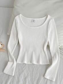 Tween Girl Tween Girls T-Shirts Ribbed Crew Neck Elastic Slim Fit All-Match Versatile Minimalist Long Sleeve T-Shirt, Comfortable - White - View 2