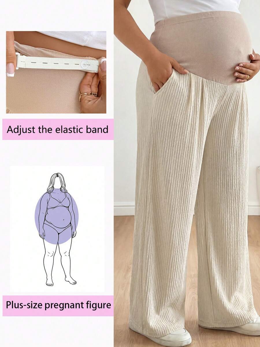 Plussiva Plus Size Maternity Casual Loose Colorblock Patchwork Long Pants - Khaki - View 1