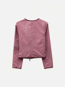 Nöista Vintage Pink Crossed Tie-Front Jacket With Contrast Piping In Burgundy Fashionable Elegant Chic Everyday Fall Autumn Winter Women's Jacket - Red Violet - View 8