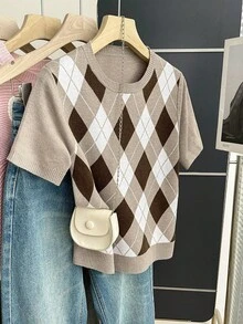 SHEIN 新款复古学院风撞色格纹针织套头毛衣，女士春夏款 - 棕色 - 查看 6