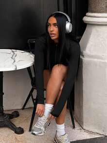 SHEIN SXY جمبسوت أسود بأكمام طويلة وسحاب أمامي ضيق، جيم، رياضة، سحاب علوي، - الأسود - مشاهدة 3