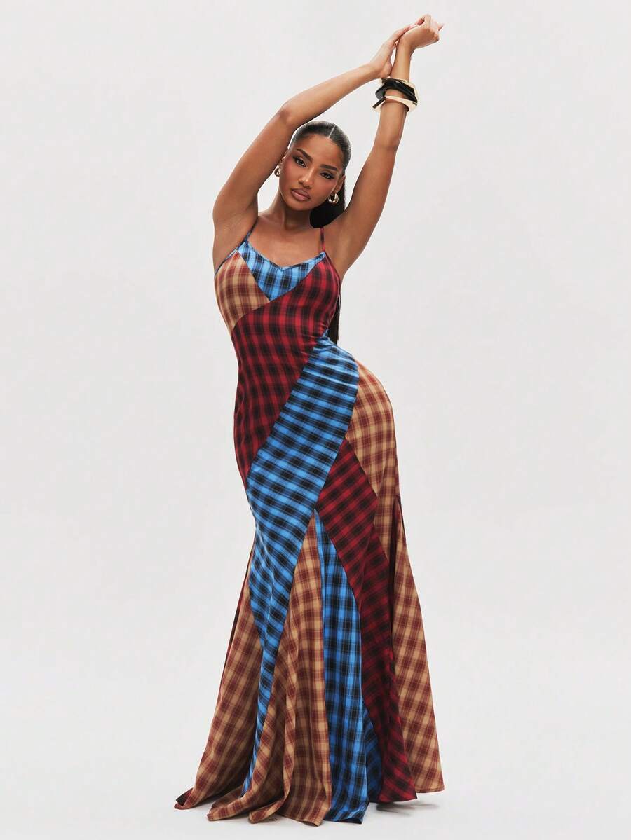 NYA SZN Dress Sleeveless Fitted Patchwork Plaid Club Party Sexy Concert Chic Cute Streetwear Brunch Everyday Casual Festival Y2K Red Blue Summer Fall Winter - Multicolor - View 1