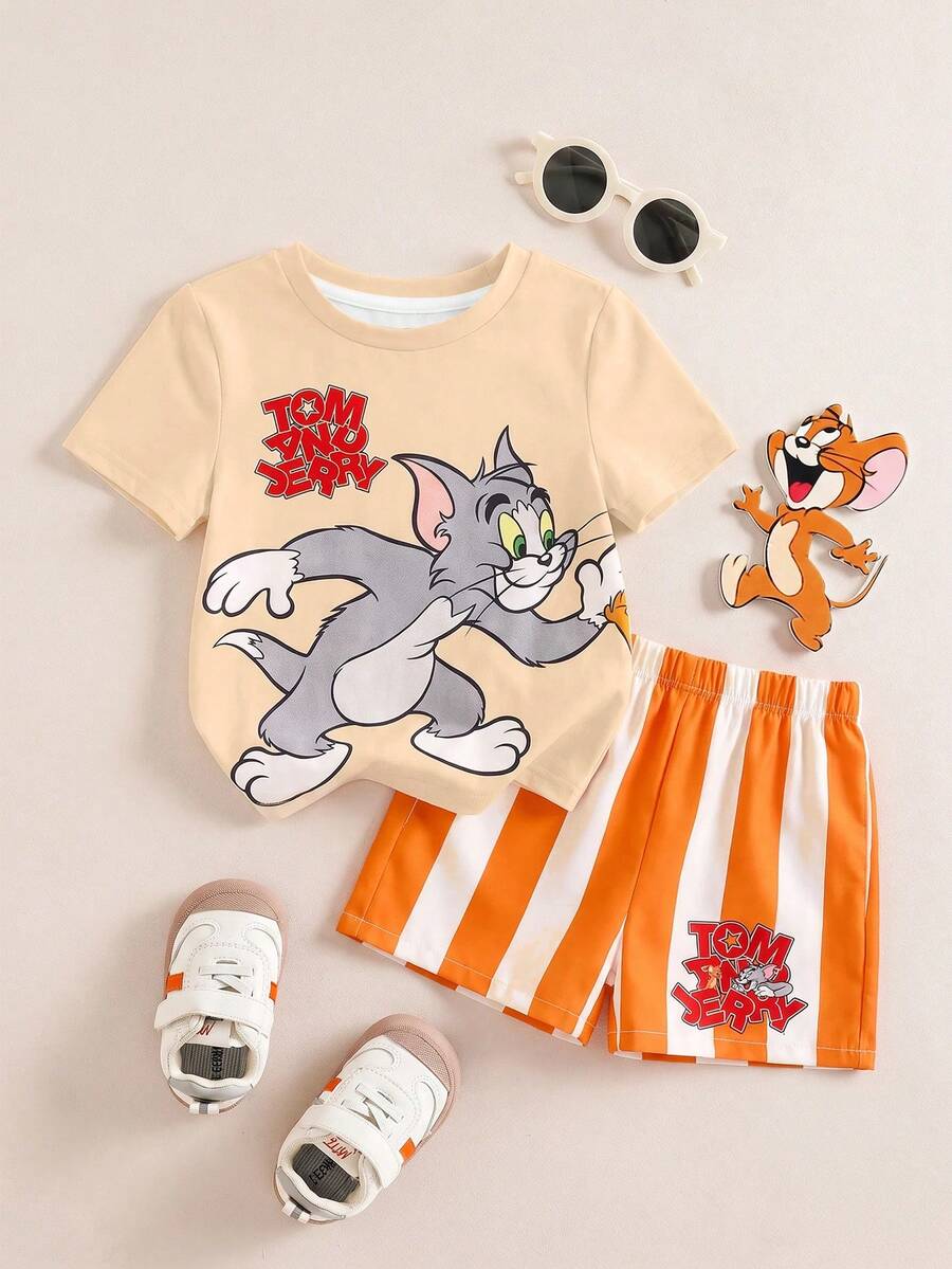 TOM & JERRY X SHEIN 男嬰卡通印花T恤與條紋短褲套裝 - 橘色 - 查看 1