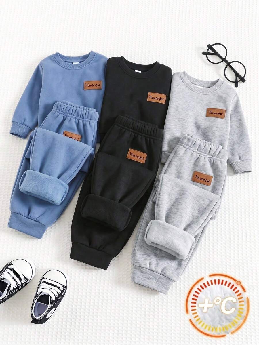 SHEIN 3件組兒童青少年男童買2送1休閒日常舒適刺繡內刷毛加厚寬鬆長褲運動褲冬季童裝,秋季衣物,黑色、卡其色,運動套裝,適合學校、花園、海灘、生日,秋季、冬季季節 - 彩色 - 查看 1