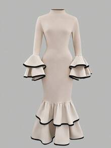 INAWLY Women's Elegant Ruched Waist Patchwork Color Long Party Dress - Apricot - View 4