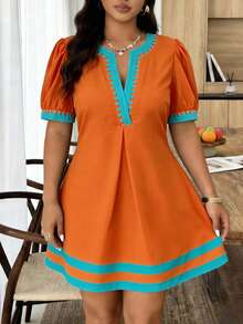 Weeklong Plus Size Women Spring/Summer Printed Colorblock Waist-Cinching Casual Vacation Dress - Orange - View 2