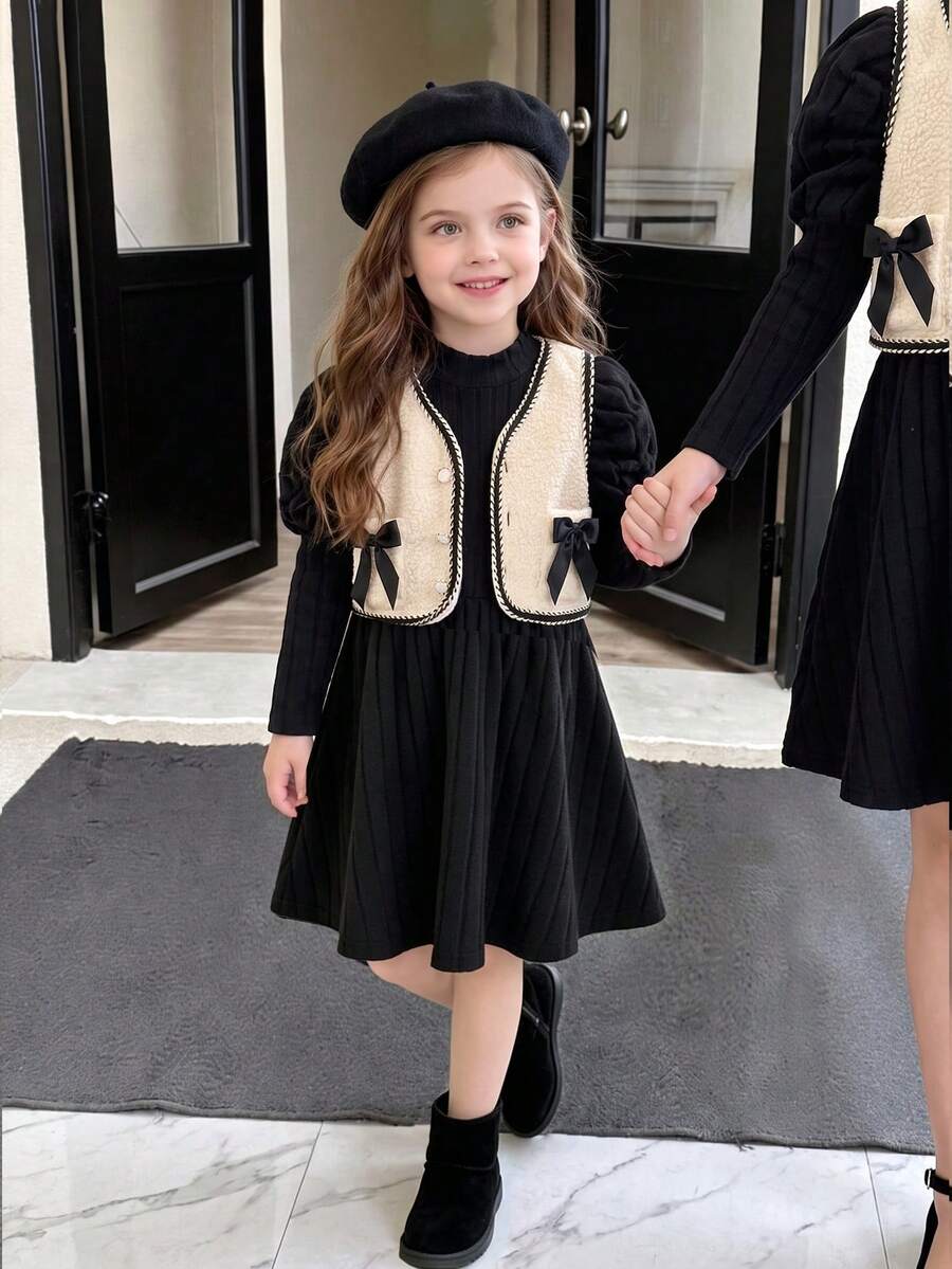 Elladie kids 女童秋冬保暖兩件套-優雅淑女高領泡泡袖收腰純色毛絨羅紋極簡連身裙,搭配短版無袖羊毛混紡背心與3D蝴蝶結,適合外出、旅行、度假、姐妹派對與聚會 - 黑與白 - 查看 1