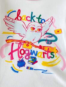 PrepCrw HARRY POTTER X SHEIN 兒童女童修身睡衣套裝 嬰兒藍 UV螢光 Hedwig 字母圖案 針織柔軟圓領長袖上衣＋鬆緊腰長褲 - 彩色 - 查看 5