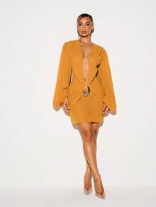 KIZN Deep Plunge Wrap Mini Dress With Puff Long Sleeves Mustard Yellow Buckle Waist Detail Ruched Skirt Party Evening Night Out Autumn Sexy - Mustard Yellow - View 4
