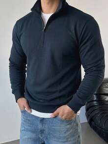 DAZY Spring/Autumn Knitted Sweatshirt Fabric Navy Blue Zipper Half-Open Pullover Pullover Sweatshirt For Men - Navy Blue - View 5