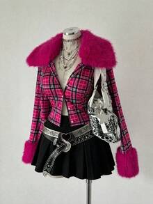 Sunspun Plus Size Fashion Plaid Fur Collar Jacket Fall - Multicolor - View 3
