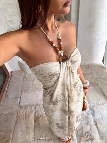 Aloruh 女款全印花百褶休閒派對旅行長版掛脖洋裝 - 米色 - 查看 6