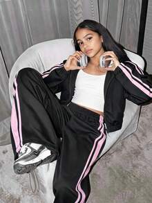 SHEIN 3件組青少年女孩連帽外套套裝，長袖開襟短版外套、白色細肩帶背心上衣、鬆緊腰寬鬆寬腿褲，休閒穿搭，秋季服飾，返校季 - 黑色 - 查看 1