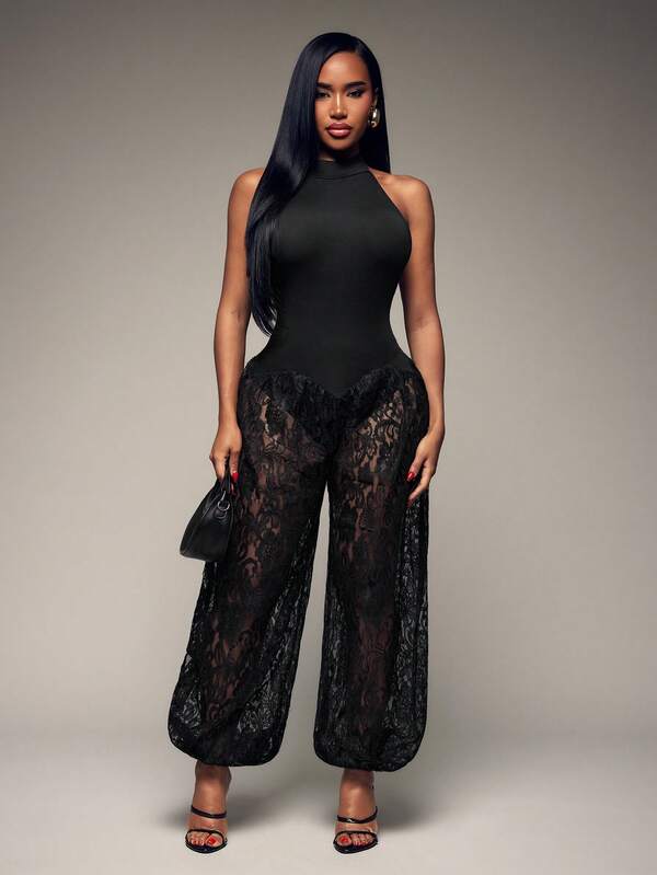 Radiana Women's Minimalist Casual Fashion High Neck Contrast Lace Sheer Harem Jumpsuit