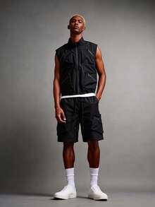 Zorclune Men's Fashionable Black Cargo Style Holiday Jogging Beach Vacation Plus Size Vest Set, Open Front Vest Top + Elastic Waist Shorts 2 Pieces Set - Black - View 3