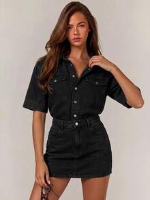 Athîral Denim 女款短袖單排扣休閒口袋牛仔洋裝 - 黑色 - 查看 1