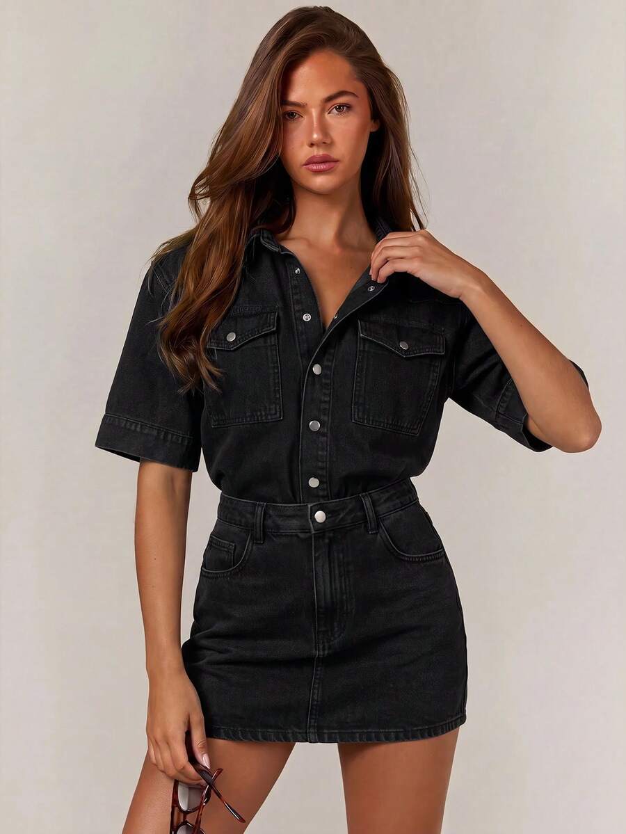 Athîral Denim 女款短袖單排扣休閒口袋牛仔洋裝 - 黑色 - 查看 1