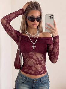SHEIN ICON 女款酒紅色蕾絲露肩性感修身長袖半透上衣 - 酒紅色 - 查看 2