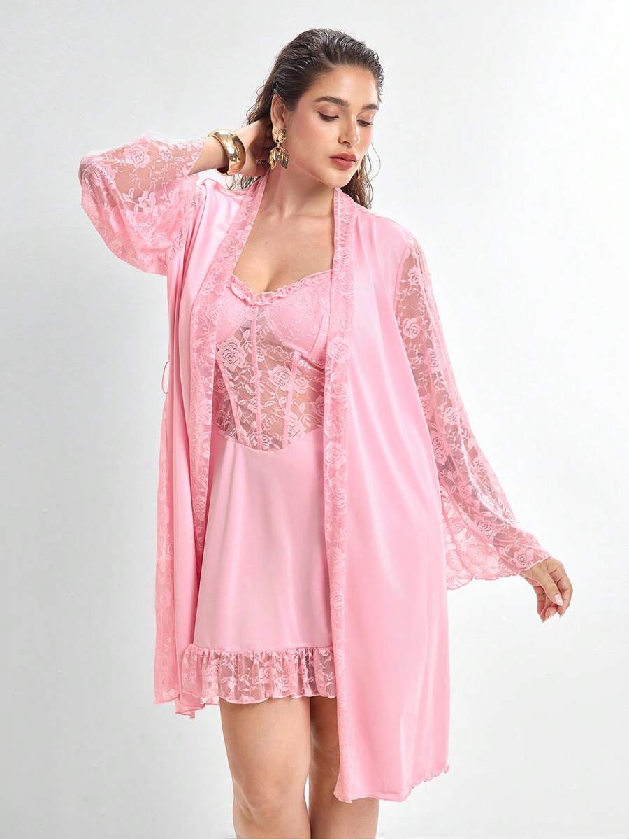 Slumbrini Setelan 2 Potong Gaun Tidur Satin Mengkilap Patchwork Renda Merah Muda untuk Wanita Ukuran Plus dengan Ikat Pinggang, Pakaian Santai - Berwarna merah muda - View 1