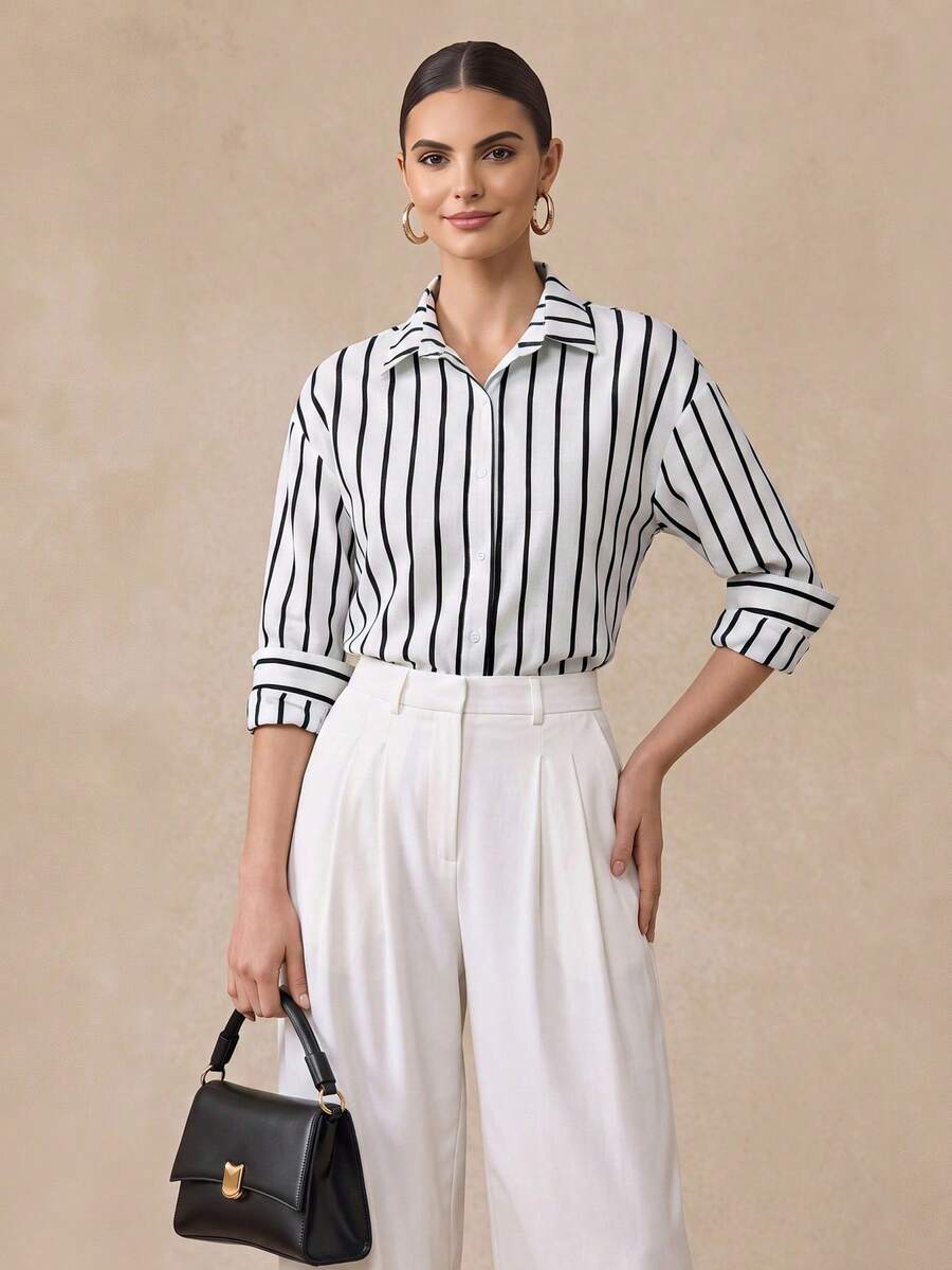 Almamuse Blue & White Striped Shirt, Comfortable For Commuting And Casual Daily Wear, Spring/Summer - White - View 1