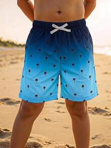 SHEIN 1pc Tween Boy Navy Blue Casual Summer Beach Shorts,Gradient Coconut Tree Pattern Holiday Vacation Style Sports Swimming Trunks For Spring And Summer - Multicolor - View 3