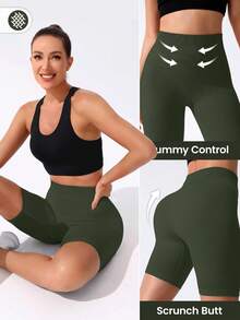 SHEIN Sports 女款純色高腰日常健身運動短褲 - 橄欖綠 - 查看 7