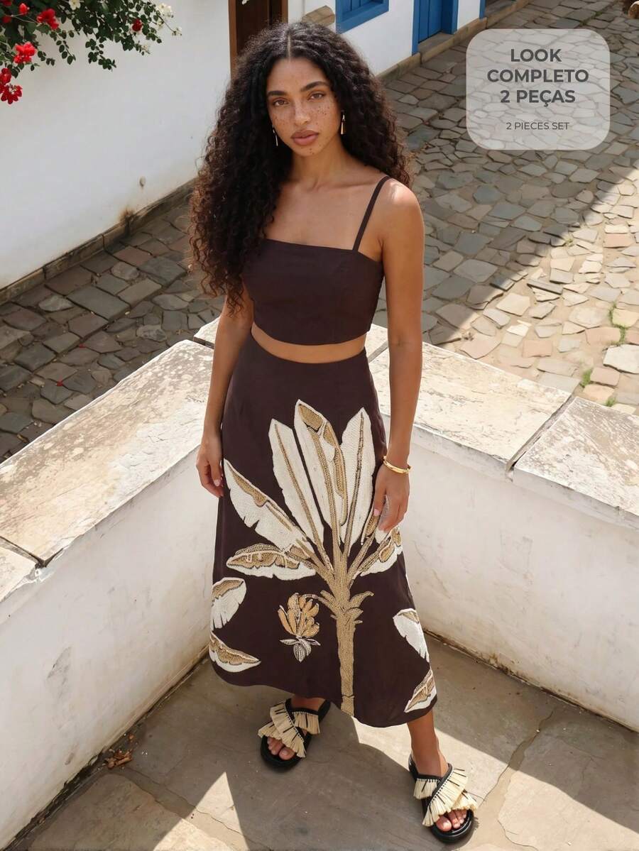 CAJUNI Chic Vacation Embroidery Golden Palm Tree Top And Skirt Coord - Brown - View 1