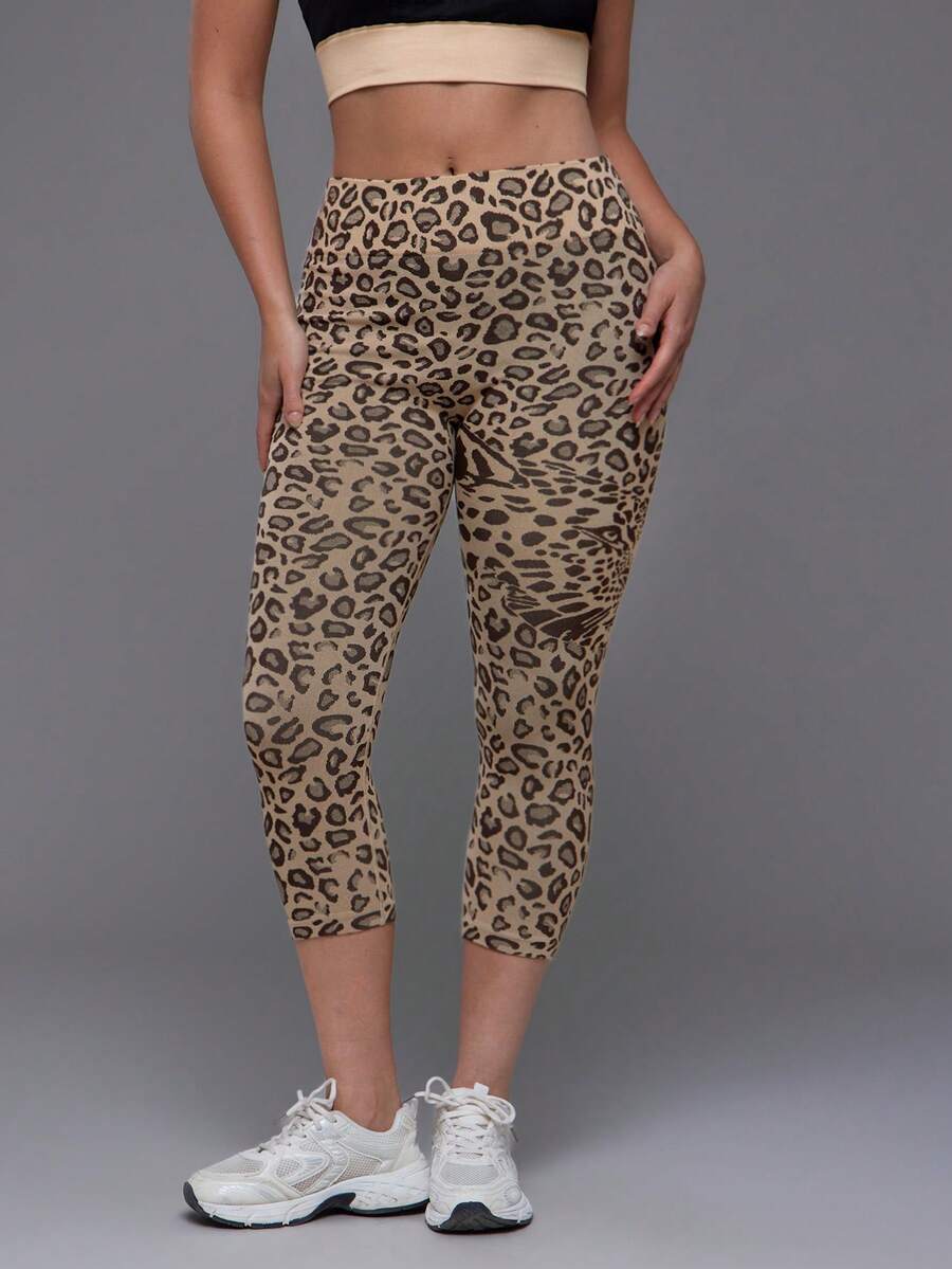 Voyena Women's Plus Size Leopard Print High Waist Casual Fitness Sports Capris - Coffee Brown - View 1