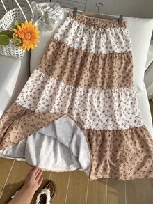 Comfortcana Plus Size Women's Ditsy Floral Waist Tie Ruffle Hem Skirt For Vacation - Khaki - View 7