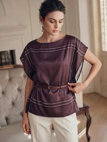 Anewsta New Elegant Purple Women's Top, Scarf-Like Texture, Modern Office Style With Belt Detail - Purple - View 7