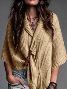 Breezaya Women's Vintage Cable Knit Cape Shawl Cardigan - Khaki - View 3