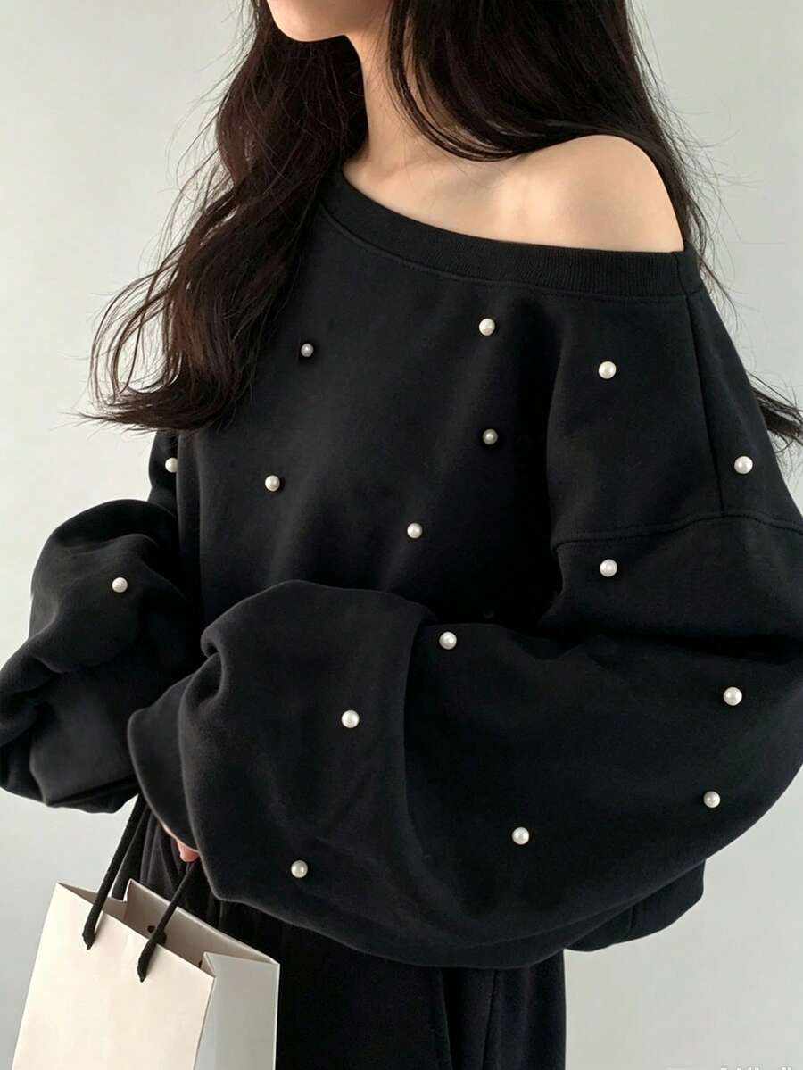 FRIFUL Women's Early Autumn New Korean Style Beaded Decor Asymmetric Neck Asymmetrical Loose Sweatshirt Cute Tops - Khaki - View 1
