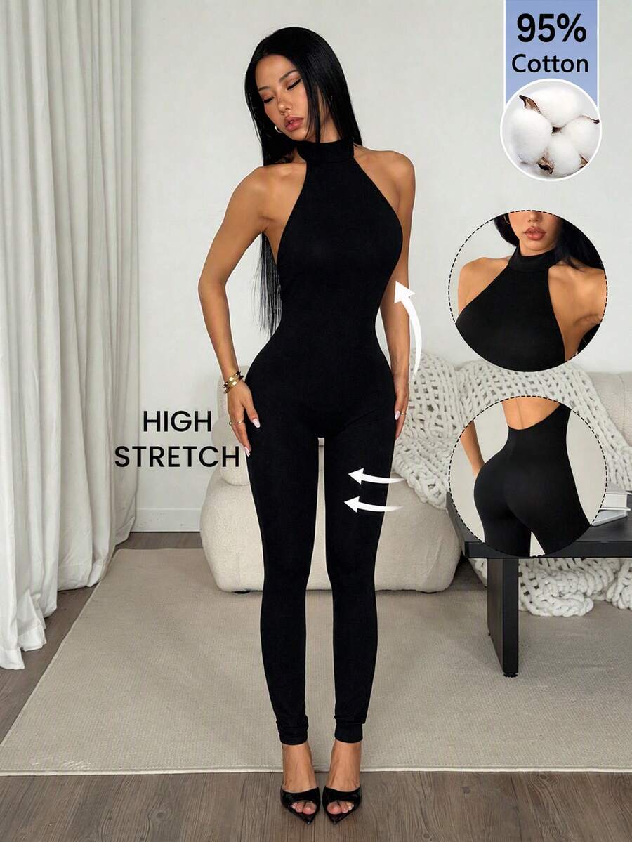 SHEIN PETITE 女款純色休閒日常穿搭掛脖連身褲 - 黑色 - 查看 1