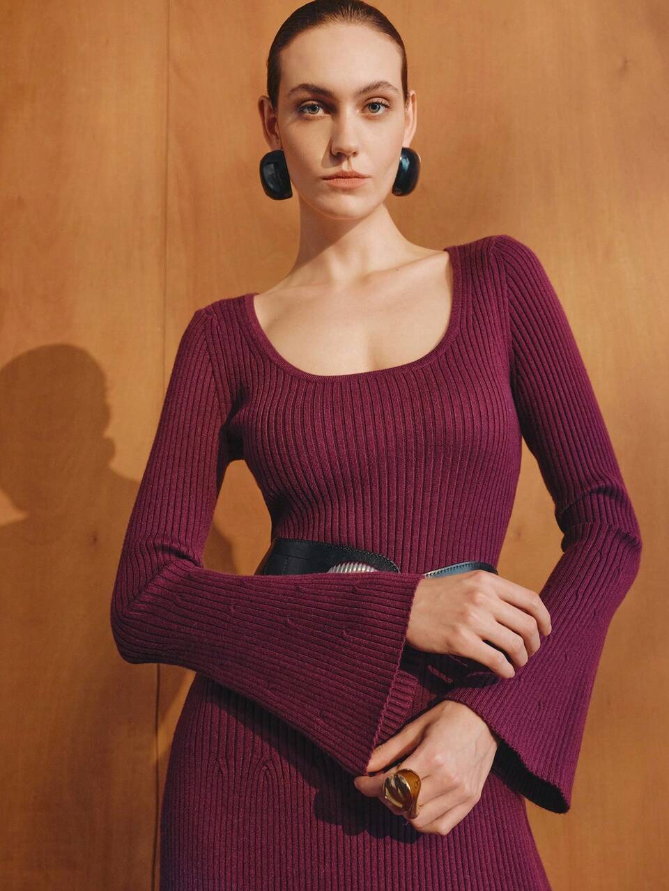MOTF WOMEN'S AUTUMN/WINTER SCOOP NECK KNIT DRESS WITH FLARED SLEEVES