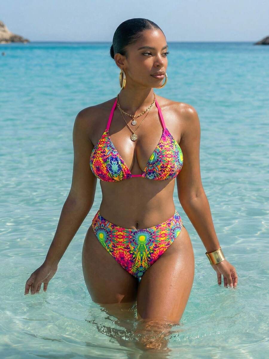 Slaydiva Plus Size Women 2 Pieces Pink Print Halter Triangle Top High Waist Bottom Bikini Set, Beach Vacation, Summer Outfit, Party Sexy Boho - Multicolor - View 1