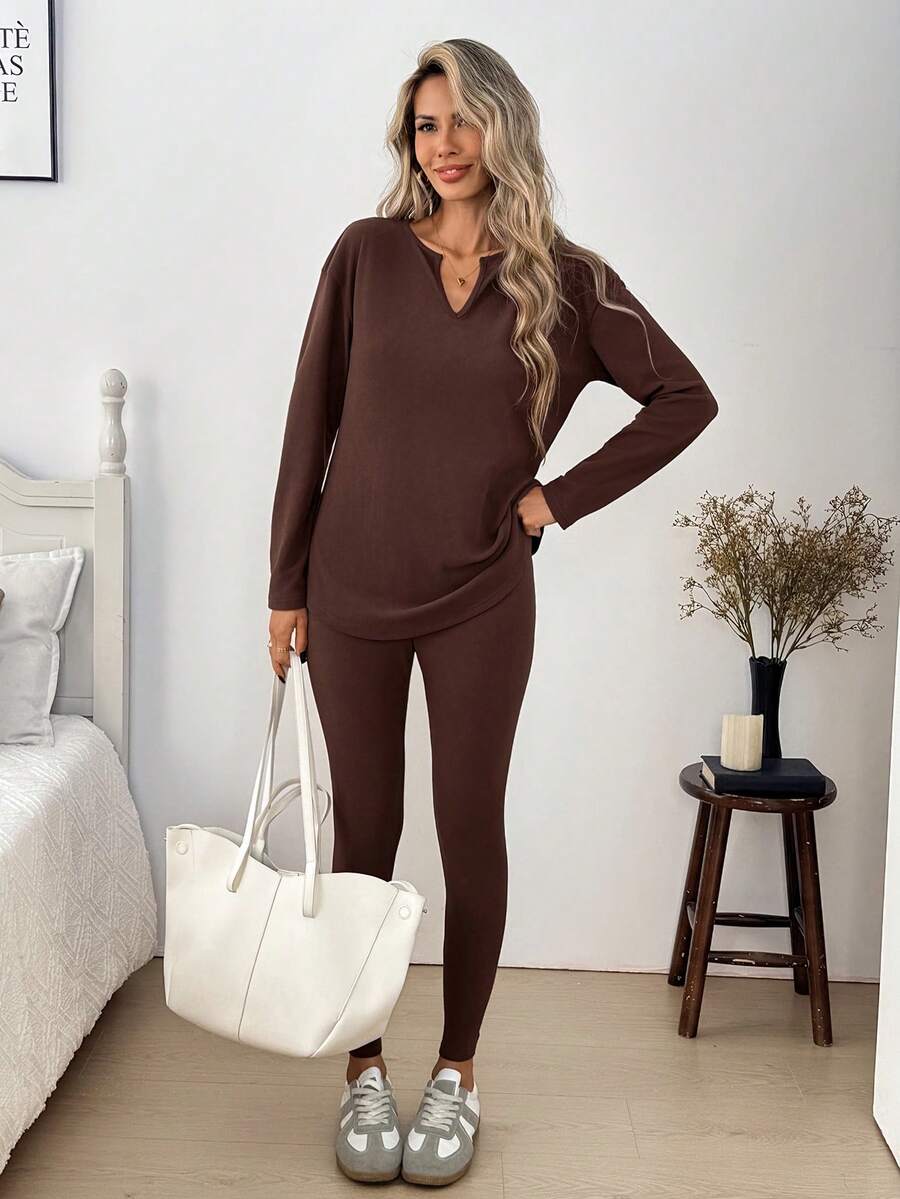 SHEIN LUNE Casual Women's Autumn/Winter Home Base Layer Long Pants 2 Pieces Set - Brown - View 1