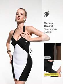 Nuvra Gaun Mini Bodycon Leher V Model Halter dengan Potongan Pinggang yang Mengencangkan, Warna Hitam & Putih - MultiWarna - View 10