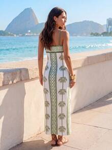 CAJUNI Women's Coconut Tree Print Casual Tropical Vacation Travel Spaghetti Strap Dress Vacation Beach Green Summer - Green - View 2