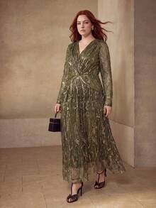 MOTF PREMIUM PLUS SIZE 2026 SPRING/SUMMER GOLD FOIL PLEATED DRESS FALL - Army Green - View 5
