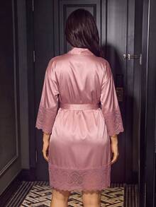 SilkySpell Jubah Ukuran Plus & Set Jubah Kontras Lace Plain - Dusty Pink - View 4