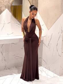 Slaydiva Halter Neck Draped Tie Ruched Slim Fit Brown Mermaid Long Party Dress - A - Brown - View 5