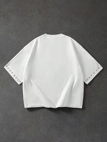 ROMWE MEN Street Life 男士休閒拼接刺繡對比色鏤空短袖T恤 - 白色 - 查看 2