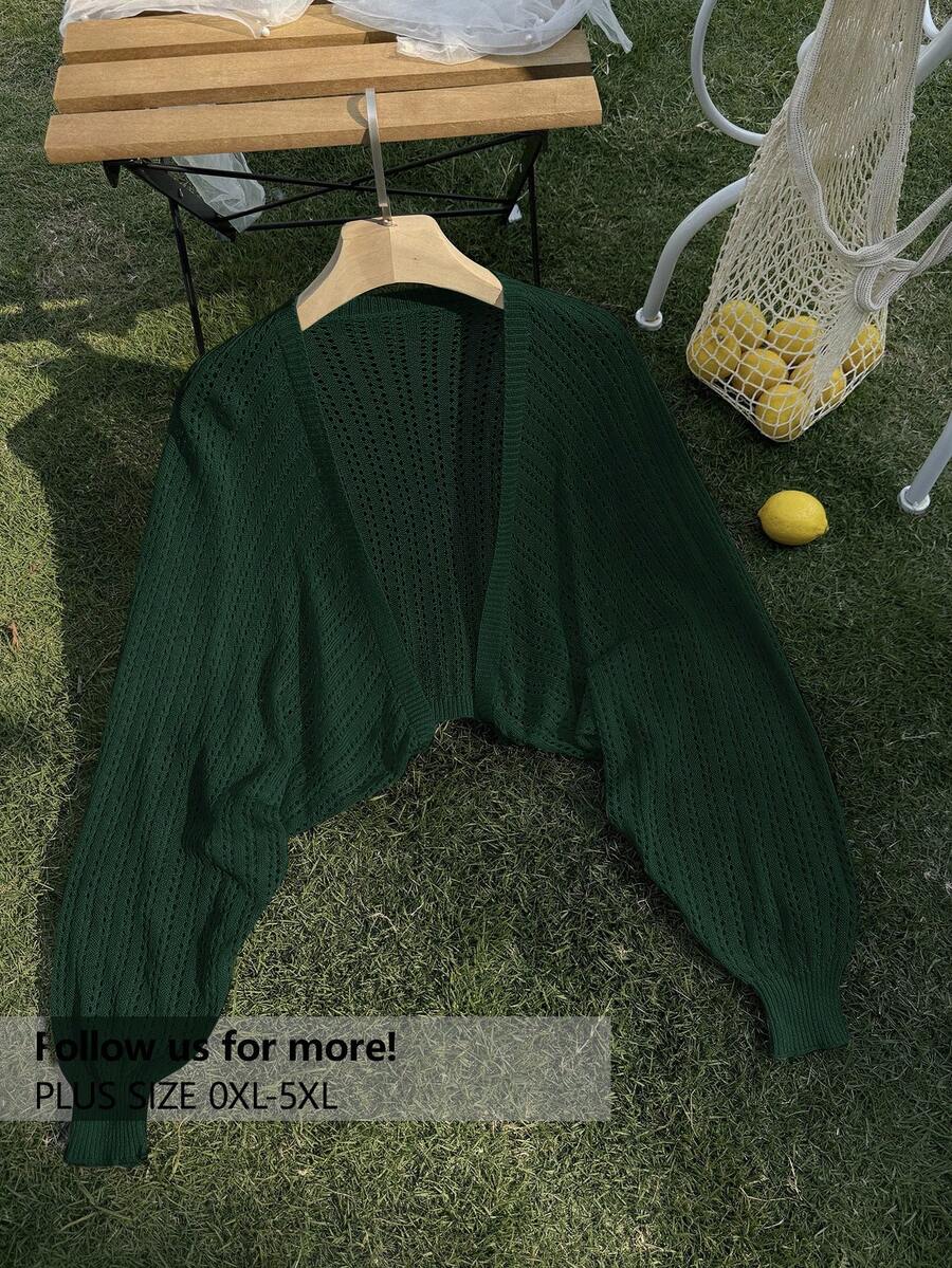 SHEIN Privé Plus Size Women Solid Color Long Sleeve Hollow Out Short Knit Cardigan Fall - Green - View 1