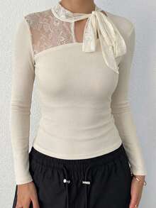 DAZY Top de capa base de punto con cuello semi alto y cinta de encaje para mujer - Albaricoque - Ver 5