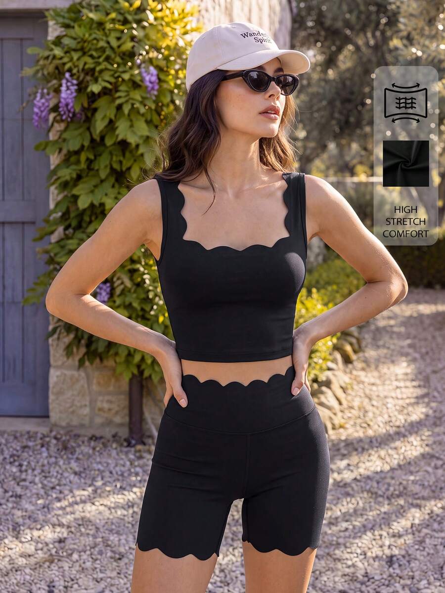 SHEIN BASICS 女款純色休閒運動風保守百搭日常穿著短版上衣 適合上班健身運動 黑色 夏季 - 黑色 - 查看 1
