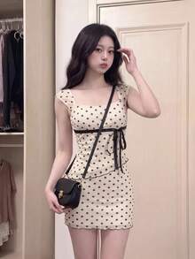 SHEIN MOD Polka Dot Bow 2 Pieces Set: Asymmetric Hem Top & Low Waist Skirt - Multicolor - View 7