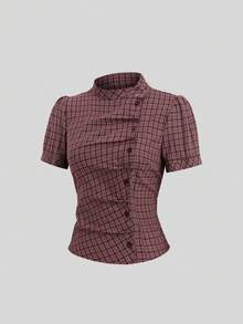 Sweetra Vintage Colorblock Plaid Short Sleeve Shirt For Women, New Tie-Cinched Waist Top - Red - View 5