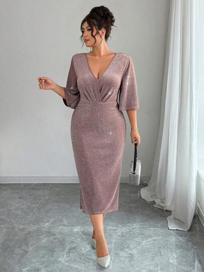 Cravure Vestido de mujer talla grande para fiesta, cita, banquete, cóctel y boda, minimalista y elegante, con mangas acampanadas, plisado, de tela metálica y ajustado al Body
