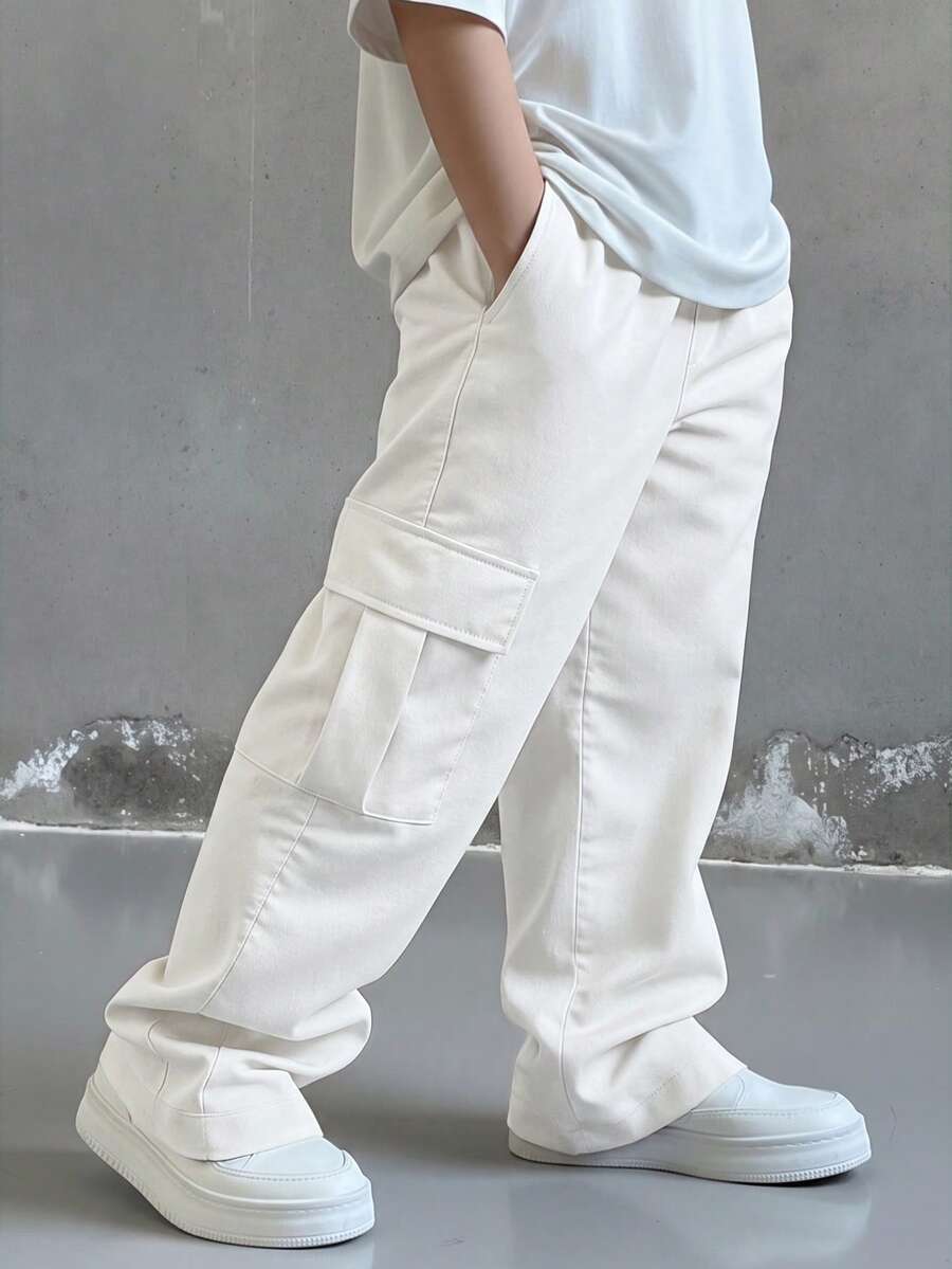 SHEIN 青少年男孩休閒百搭純色工裝褲 - 白色 - 查看 1