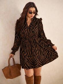 Elaquor Plus Size Colorblock Print Minimalist Casual Long Sleeve Dress - Black - View 3